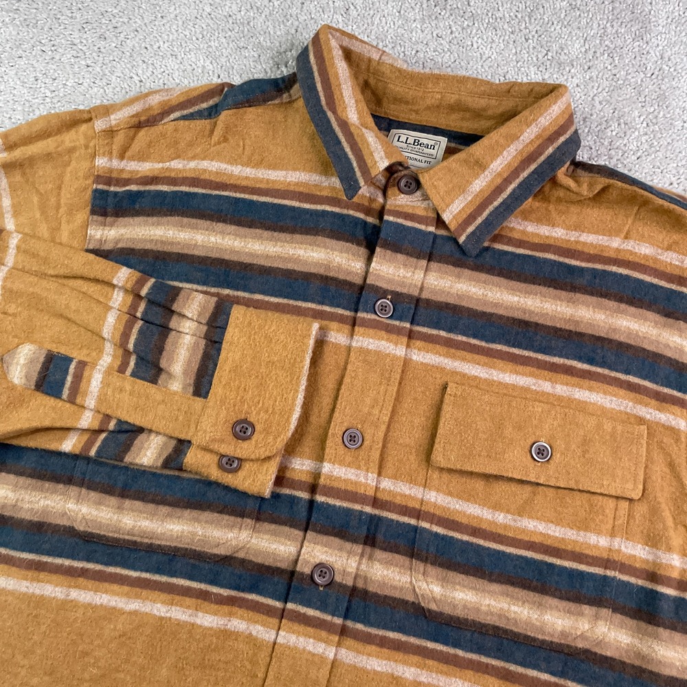 LL Bean Shirt Mens Large Brown Striped Chamois Heavy Flannel Traditional Fit